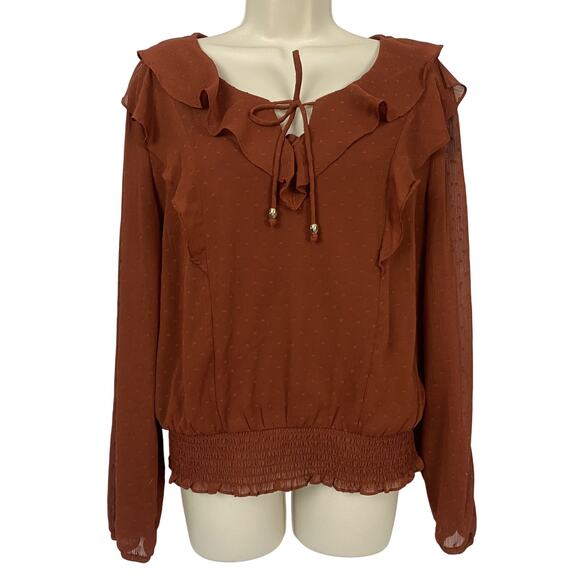 A Byer Blouse Women Large Rust Brown Ruffle Neck Sheer Swiss Dot Boho Fall 2Fer - Picture 1 of 12